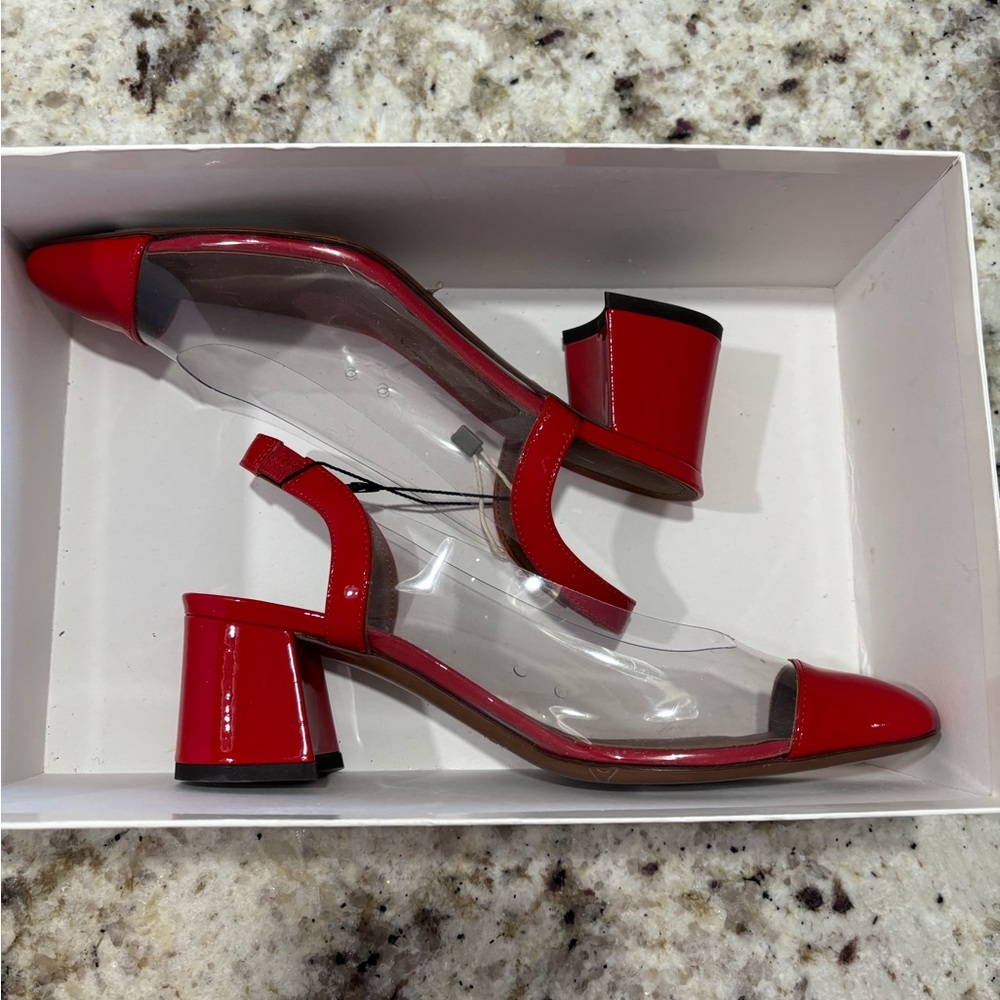 L’Autre Chose Red and Clear Block Heel Slingback Pumps size 36-36.5 (6) NEW